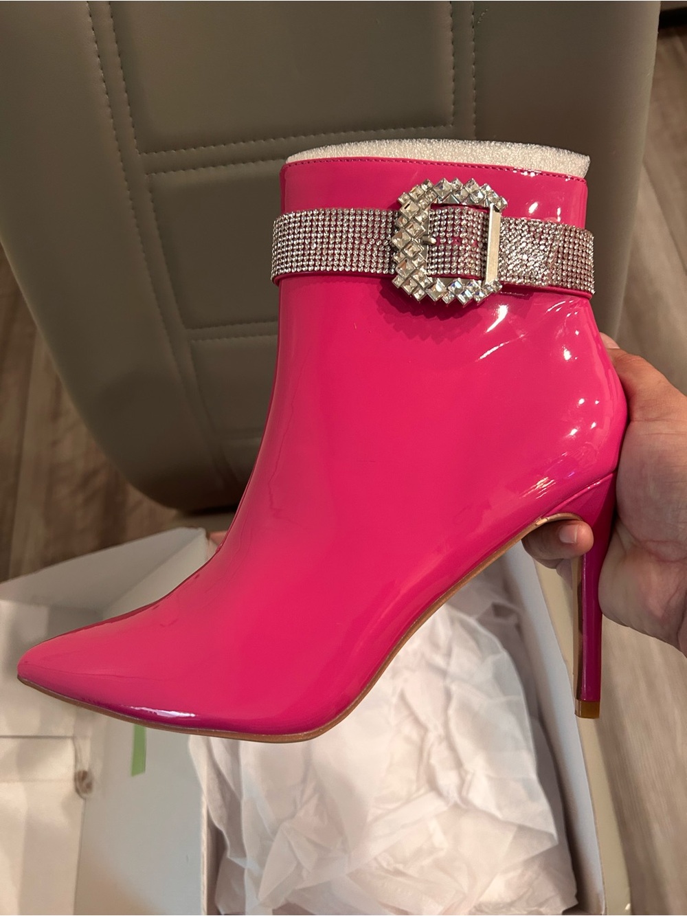 Patent Hot Pink Rhinestone-Strap Stiletto Ankle Boot